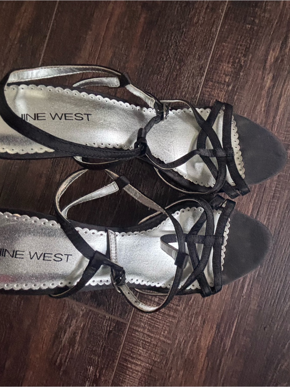 Nine West Black Strappy Open-Toe Heels with Silver Insole